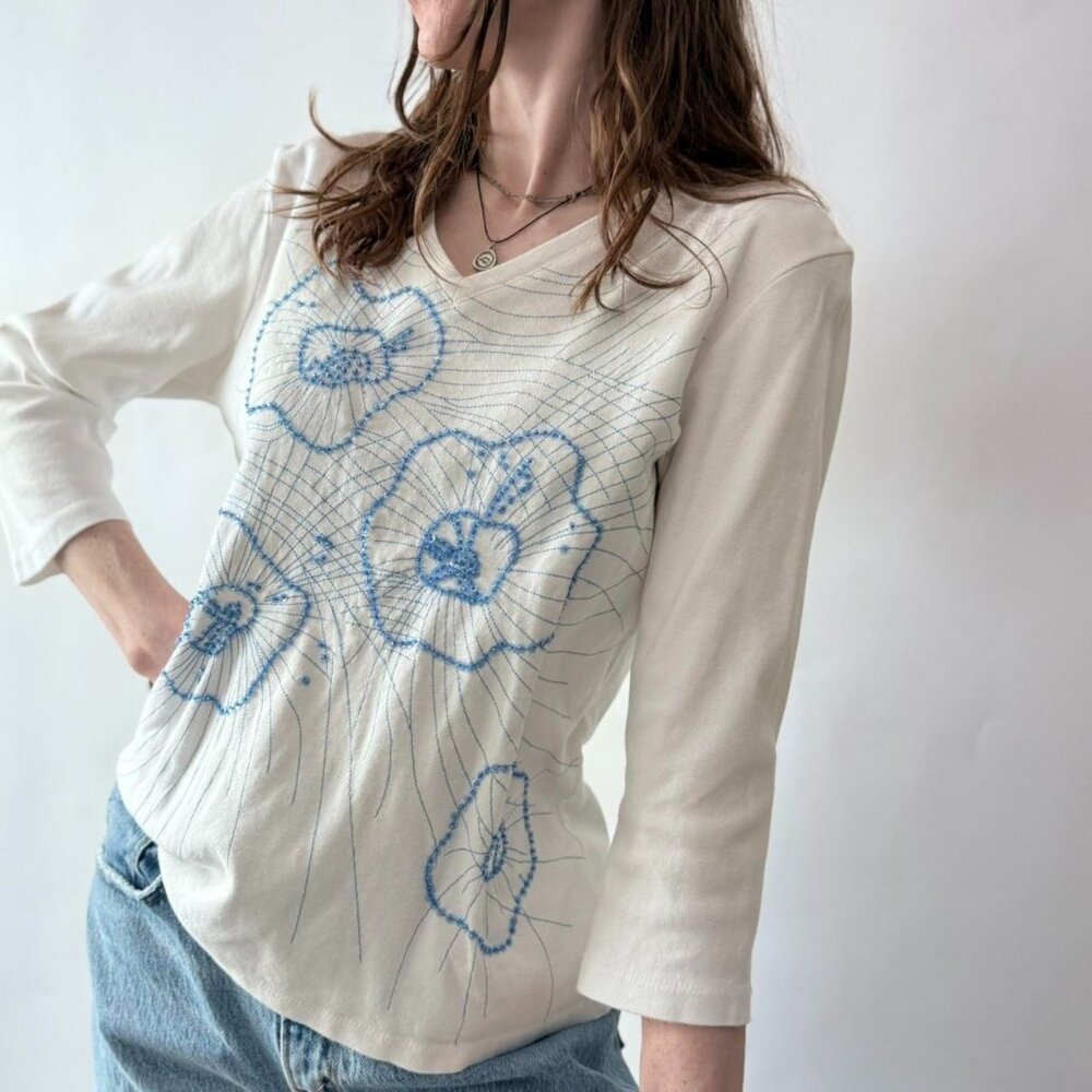 Y2k Sequence Embroidery V Neck